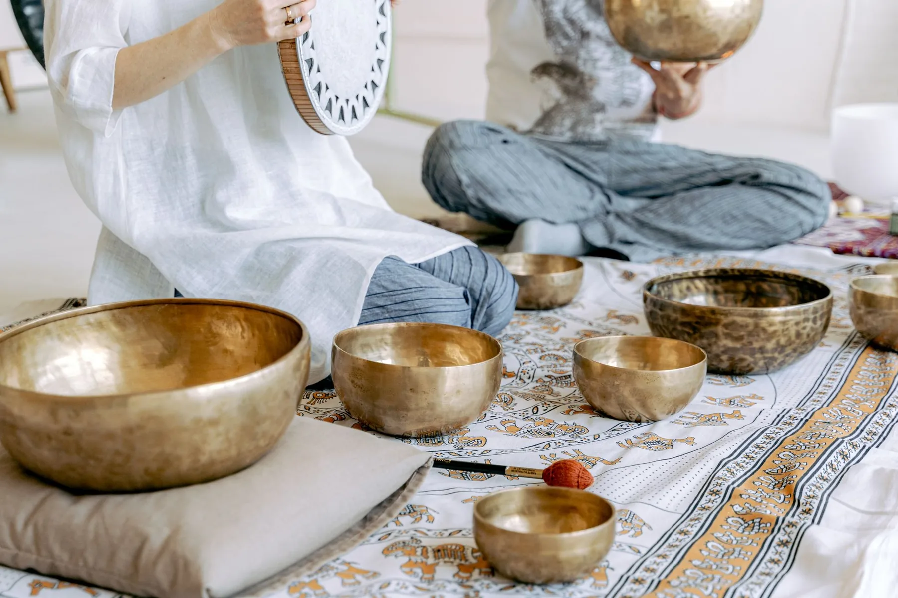 Tibetan bowl session on cushions Tibetan bowl session on cushions