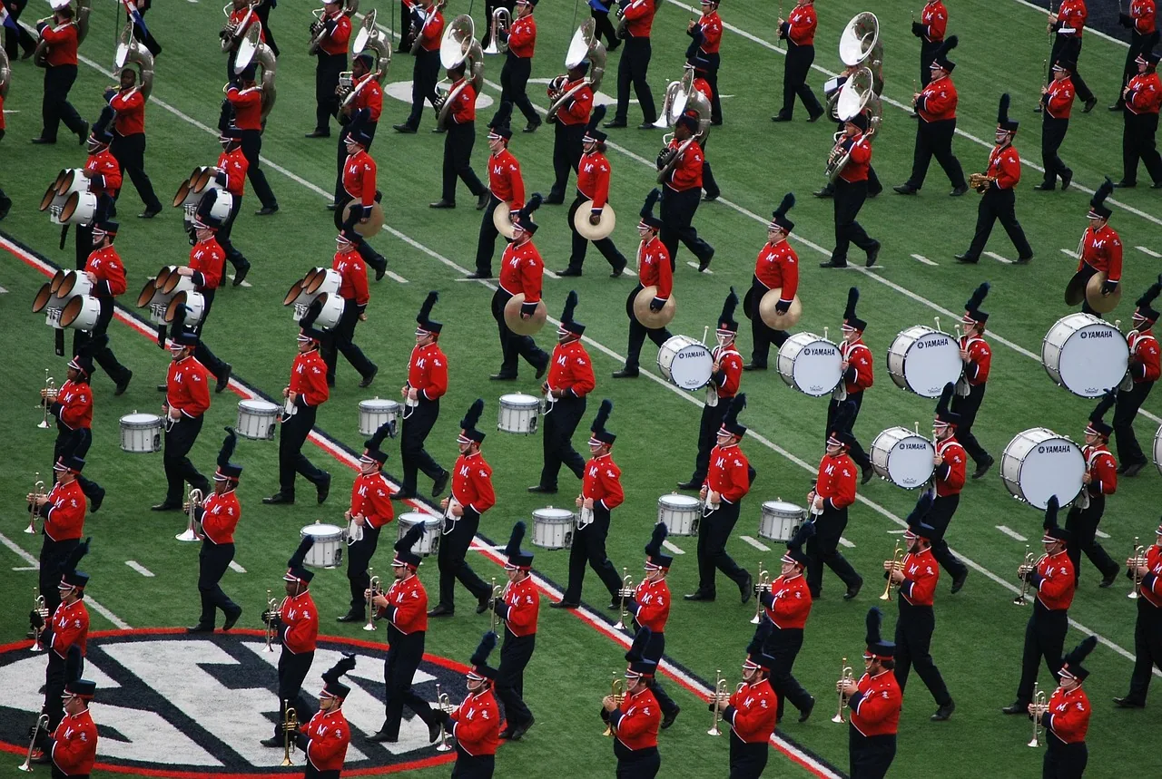 marching band with percussion and brass instruments marching band with percussion and brass instruments