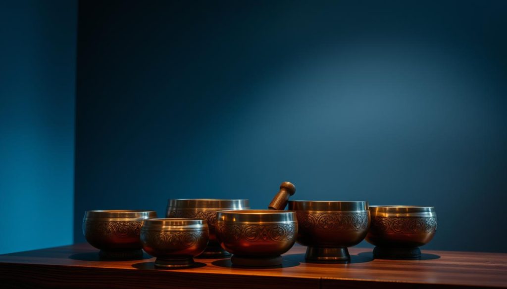 A dimly lit room, soft ambient lighting casts gentle shadows on an ornate collection of Tibetan singing bowls arranged on a wooden table. The bowls are of varying sizes, their surfaces etched with intricate patterns and symbols. The warm, golden tones of the metal contrast with the cool blue-grey hues of the background. A sense of tranquility and ceremony permeates the scene, inviting the viewer to consider the ritual and therapeutic potential of these ancient instruments. The composition is balanced, with the bowls taking center stage, their graceful forms and subtle reflections creating a contemplative, almost meditative atmosphere.