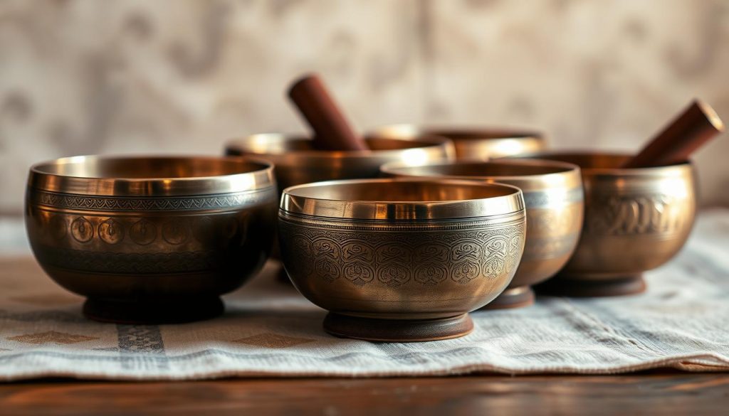 A high-resolution, detailed still life composition of a group of traditional Tibetan singing bowls, also known as "Tibetan Bols". The bowls are arranged in the foreground, showcasing their unique, hammered metallic surfaces and varying sizes. Soft, warm lighting from the side illuminates the intricate patterns and textures of the bowls, casting gentle shadows. The background is a blurred, neutral setting, allowing the bowls to be the focal point. The overall mood is serene, meditative, and reflective, capturing the essence of these sacred, ancient instruments used in Tibetan Buddhist practices.