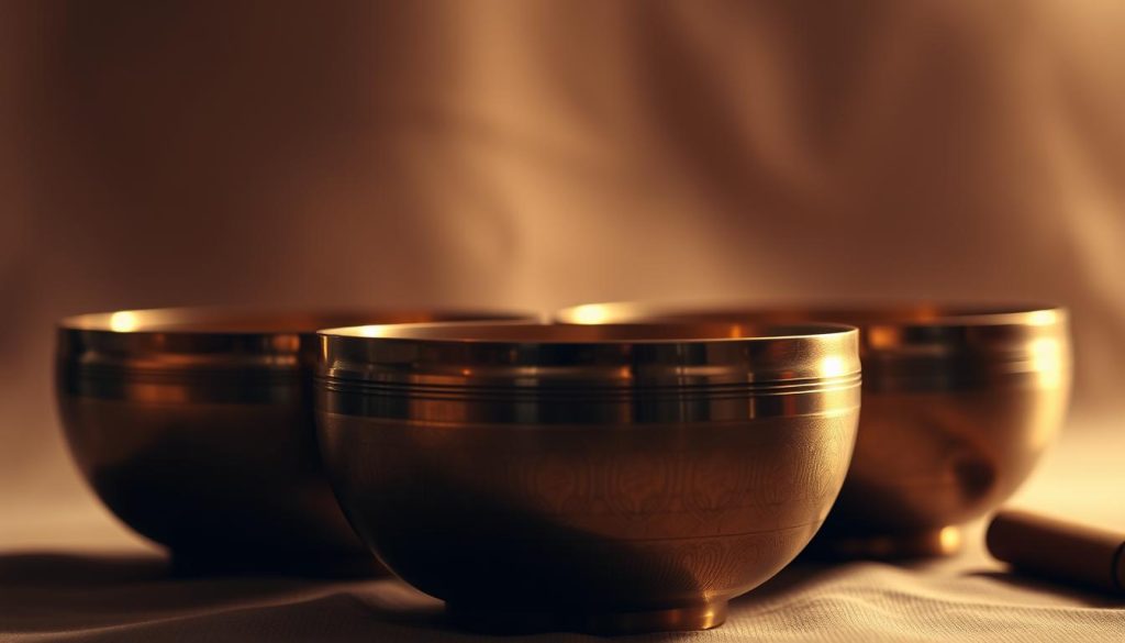 A serene close-up of tibetan singing bowls set against a soft, muted background. The bowls, crafted from a blend of seven sacred metals, capture the light with a subtle shimmer. Their gentle curves and intricate patterns suggest a harmonious balance. The lighting is warm and diffused, creating a sense of tranquility and contemplation. The angle is slightly tilted, drawing the viewer's gaze inward, inviting them to consider the significance and potential health implications of these ancient ritual objects.
