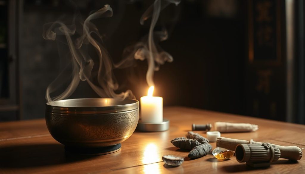 A serene, dimly lit room with a Tibetan singing bowl resting on a wooden table. The bowl's intricate metallic surface reflects the warm glow of a single candle, casting a soft, meditative light. Wisps of incense smoke drift lazily, evoking a sense of cleansing and purification. The table is surrounded by crystals, sage, and other ritual objects, hinting at the sacred nature of the moment. The camera angle is slightly elevated, capturing the ritual from an observer's perspective, conveying a sense of calm and reverence.