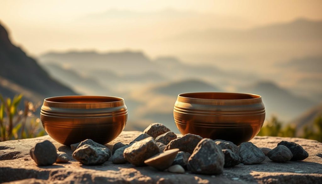 Serene Tibetan singing bowls nestled amidst a tranquil landscape, bathed in soft natural light. In the foreground, the gleaming bronze bowls sit atop a smooth stone surface, their concentric rings reflecting the atmospheric light. The middle ground features a scattering of meteorites, their irregular shapes and metallic surfaces contrasting with the gentle curves of the bowls. In the distance, a hazy landscape of rolling hills and distant peaks creates a sense of depth and mystery. The overall mood is one of contemplation and the interplay between the earthly and the celestial.