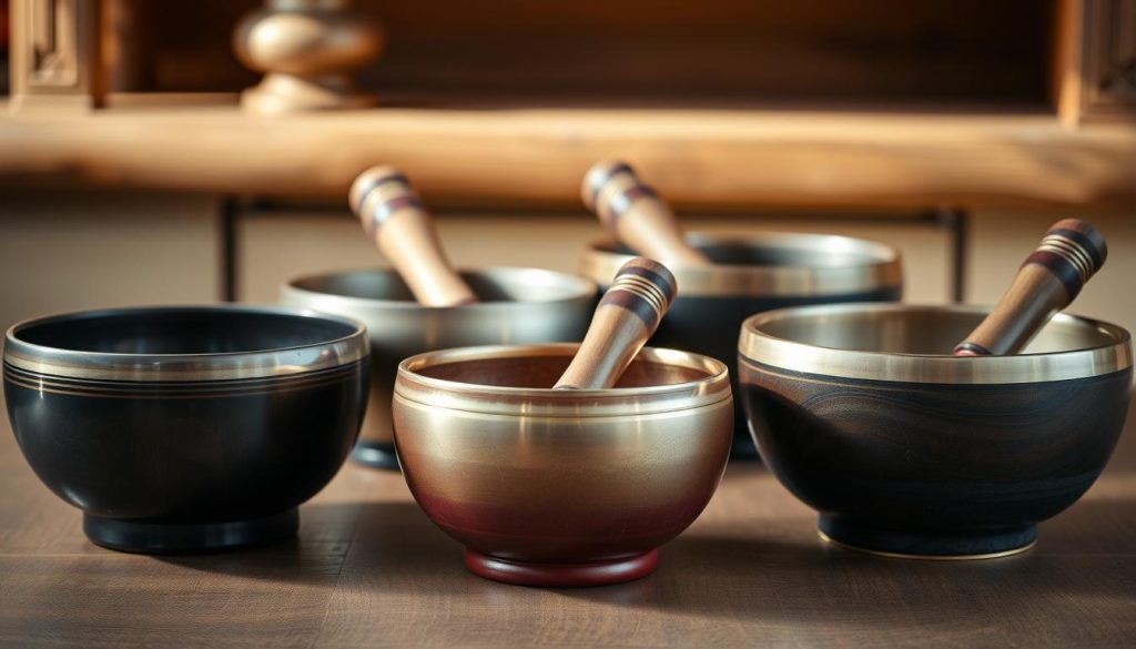 A professional, high-quality photograph of a set of authentic Tibetan singing bowls displayed on a wooden surface. The bowls are of varying sizes and colors, arranged in a visually appealing manner. The lighting is soft and natural, creating a calming, meditative atmosphere. The camera angle is slightly elevated, allowing the viewer to appreciate the intricate details and textures of the bowls. The background is blurred, keeping the focus on the bowls and creating a sense of depth. The overall composition is balanced and harmonious, reflecting the serene and harmonious nature of Tibetan singing bowls.