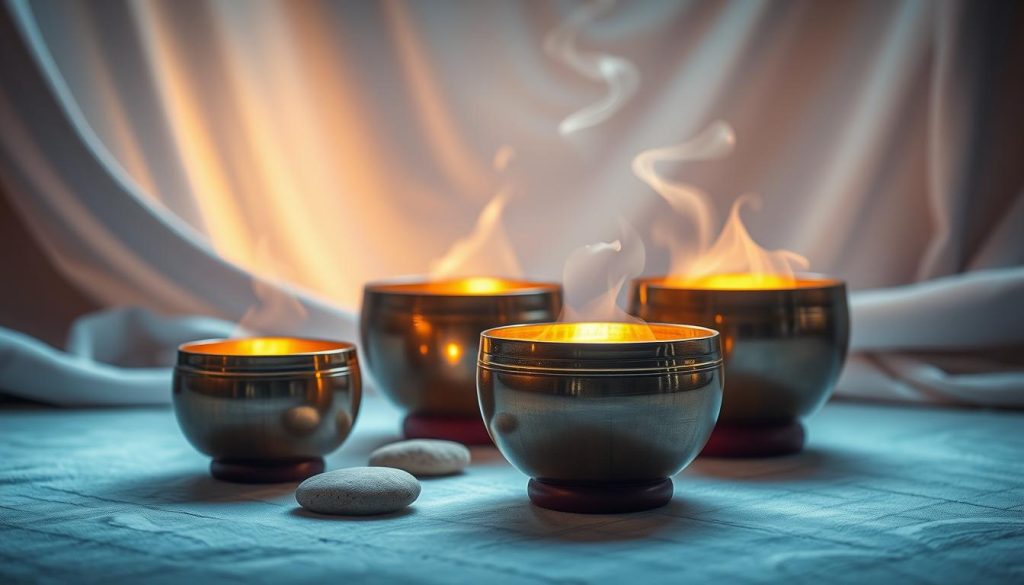 A serene and mystical scene of glowing Tibetan singing bowls, their warm resonance filling the air. A softly lit background of flowing fabrics and smooth stones, creating a contemplative atmosphere. The bowls are carefully positioned, their metallic surfaces reflecting the gentle light. Wisps of ethereal mist swirl around the bowls, adding a sense of ethereal energy. The overall composition evokes a tranquil and therapeutic ambiance, capturing the soothing and restorative power of Tibetan singing bowls.