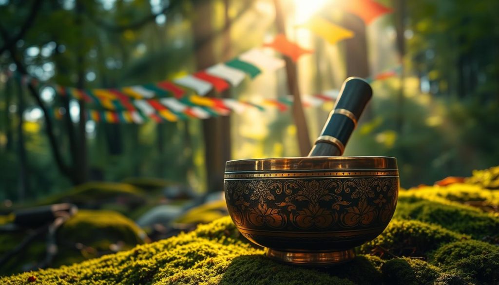 A beautifully crafted Tibetan prayer bowl rests on a lush, moss-covered forest floor. Sunlight filters through the canopy, casting a warm, ethereal glow upon the bronze vessel. Its intricate patterns and curvatures reflect the centuries-old craftsmanship of Himalayan artisans. The bowl's resonant tone, achieved through precise hammering, beckons the viewer to experience its soothing, meditative vibrations. In the background, ancient prayer flags flutter gently in the breeze, hinting at the sacred rituals and traditions that have been passed down through generations. The overall scene evokes a sense of tranquility, inviting the viewer to connect with the profound history and spiritual significance of the Tibetan singing bowl. A beautifully crafted Tibetan prayer bowl rests on a lush, moss-covered forest floor. Sunlight filters through the canopy, casting a warm, ethereal glow upon the bronze vessel. Its intricate patterns and curvatures reflect the centuries-old craftsmanship of Himalayan artisans. The bowl's resonant tone, achieved through precise hammering, beckons the viewer to experience its soothing, meditative vibrations. In the background, ancient prayer flags flutter gently in the breeze, hinting at the sacred rituals and traditions that have been passed down through generations. The overall scene evokes a sense of tranquility, inviting the viewer to connect with the profound history and spiritual significance of the Tibetan singing bowl.