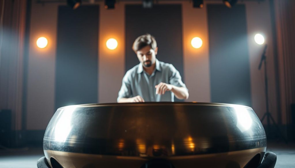 A beautifully designed handpan, elegantly reflecting natural light, sits prominently in the foreground, showcasing its curved metallic surface and intricate tones. The middle ground features a serene musician dressed in modest casual clothing, gently playing the handpan with a focused expression, surrounded by soft, ambient lighting that highlights both the instrument's craft and the musician's skill. In the background, a softly blurred stage setting with dimmed lights creates an inviting atmosphere, suggesting an intimate live performance. The overall scene conveys a sense of harmony and calm, emphasizing the contrast between the handpan's subtle sound projection and the theatrical potential of its music. The color palette is warm and inviting, enhancing the tranquil mood. A beautifully designed handpan, elegantly reflecting natural light, sits prominently in the foreground, showcasing its curved metallic surface and intricate tones. The middle ground features a serene musician dressed in modest casual clothing, gently playing the handpan with a focused expression, surrounded by soft, ambient lighting that highlights both the instrument's craft and the musician's skill. In the background, a softly blurred stage setting with dimmed lights creates an inviting atmosphere, suggesting an intimate live performance. The overall scene conveys a sense of harmony and calm, emphasizing the contrast between the handpan's subtle sound projection and the theatrical potential of its music. The color palette is warm and inviting, enhancing the tranquil mood.