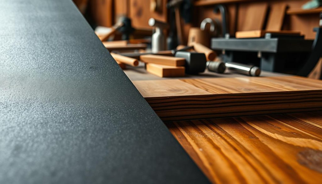 A close-up image of various materials used in the fabrication of steel tongue drums. In the foreground, showcase a sleek, thick sheet of carbon steel with a textured surface, reflecting light subtly. Beside it, a polished piece of stainless steel glimmers, demonstrating its smooth finish and resistance to corrosion. Introduce a wooden panel made of solid hardwood, rich in texture and grain, showcasing the natural beauty of wood. In the middle ground, a well-used workshop table is cluttered with fabrication tools like hammers, cutting tools, and welding equipment, hinting at the craftsmanship involved. The background features warm, soft lighting that casts gentle shadows, creating an inviting atmosphere that reflects the art of metalworking and woodworking. The overall mood is one of creativity and precision, merging traditional craftsmanship with modern materials. A close-up image of various materials used in the fabrication of steel tongue drums. In the foreground, showcase a sleek, thick sheet of carbon steel with a textured surface, reflecting light subtly. Beside it, a polished piece of stainless steel glimmers, demonstrating its smooth finish and resistance to corrosion. Introduce a wooden panel made of solid hardwood, rich in texture and grain, showcasing the natural beauty of wood. In the middle ground, a well-used workshop table is cluttered with fabrication tools like hammers, cutting tools, and welding equipment, hinting at the craftsmanship involved. The background features warm, soft lighting that casts gentle shadows, creating an inviting atmosphere that reflects the art of metalworking and woodworking. The overall mood is one of creativity and precision, merging traditional craftsmanship with modern materials.