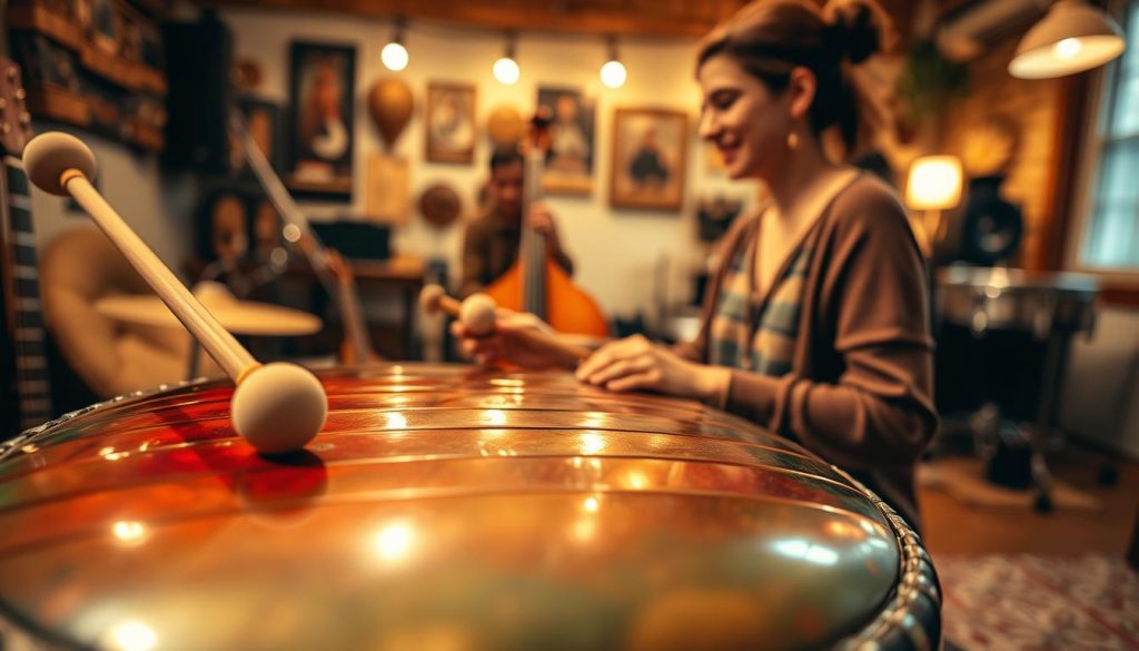A close-up view of a beautifully crafted tongue drum being played by a person in casual attire, gently striking the metal surface with soft mallets. The foreground prominently features the drum with its colorful tones and detailed craftsmanship, reflecting light in warm hues. In the middle ground, a focused individual is shown in profile, showcasing their concentration and joy as they create pleasant sounds. The background is softly blurred, featuring a cozy room filled with musical instruments and warm, ambient lighting, evoking a peaceful and inviting atmosphere. The mood is one of discovery and creativity, inviting viewers to experience the joy of making music. A close-up view of a beautifully crafted tongue drum being played by a person in casual attire, gently striking the metal surface with soft mallets. The foreground prominently features the drum with its colorful tones and detailed craftsmanship, reflecting light in warm hues. In the middle ground, a focused individual is shown in profile, showcasing their concentration and joy as they create pleasant sounds. The background is softly blurred, featuring a cozy room filled with musical instruments and warm, ambient lighting, evoking a peaceful and inviting atmosphere. The mood is one of discovery and creativity, inviting viewers to experience the joy of making music.