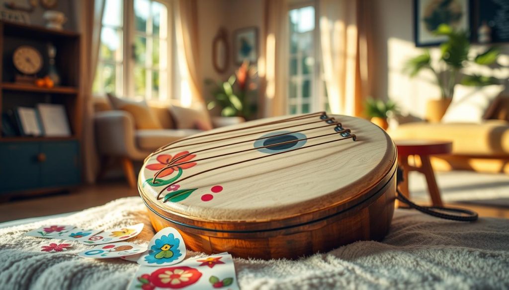 A close-up view of a beautifully crafted tongue drum resting on a soft wooden surface, surrounded by colorful decorative stickers ready to be applied. The drum features vibrant, hand-painted designs, showcasing its artistic details. In the background, a cozy, well-lit room with warm, inviting hues creates an atmosphere of relaxation. Soft natural light filters through a nearby window, casting gentle shadows that enhance the textures of the drum. Ensure the image captures the intricate layout of the drum's notes and highlights the comfort of playing; the viewer can almost feel the gentle vibrations. Incorporate a few simple music sheets and a comfortable stool beside the drum, inviting beginners to engage with this instrument. No people should be present in the scene. A close-up view of a beautifully crafted tongue drum resting on a soft wooden surface, surrounded by colorful decorative stickers ready to be applied. The drum features vibrant, hand-painted designs, showcasing its artistic details. In the background, a cozy, well-lit room with warm, inviting hues creates an atmosphere of relaxation. Soft natural light filters through a nearby window, casting gentle shadows that enhance the textures of the drum. Ensure the image captures the intricate layout of the drum's notes and highlights the comfort of playing; the viewer can almost feel the gentle vibrations. Incorporate a few simple music sheets and a comfortable stool beside the drum, inviting beginners to engage with this instrument. No people should be present in the scene.
