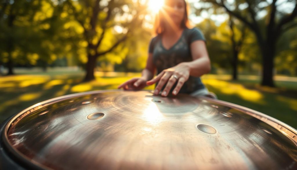 A handpan, glistening with metallic hues of deep blue and bronze, is set prominently in the foreground, showcasing its beautifully crafted surface with intricate indentations and reflective spots. The middle ground features a soft-focused musician, dressed in casual, modest clothing, gently playing the handpan, their hands gracefully dancing over the instrument's surface. In the background, a serene outdoor setting is captured, enveloped in warm, golden sunlight filtering through lush green trees, creating a tranquil atmosphere that resonates with the soothing sounds of the handpan. The scene is lit with natural light, enhancing the organic textures of the instrument and surroundings, captured from a slightly elevated angle to offer a unique perspective on the harmony between the musician and the handpan. A handpan, glistening with metallic hues of deep blue and bronze, is set prominently in the foreground, showcasing its beautifully crafted surface with intricate indentations and reflective spots. The middle ground features a soft-focused musician, dressed in casual, modest clothing, gently playing the handpan, their hands gracefully dancing over the instrument's surface. In the background, a serene outdoor setting is captured, enveloped in warm, golden sunlight filtering through lush green trees, creating a tranquil atmosphere that resonates with the soothing sounds of the handpan. The scene is lit with natural light, enhancing the organic textures of the instrument and surroundings, captured from a slightly elevated angle to offer a unique perspective on the harmony between the musician and the handpan.