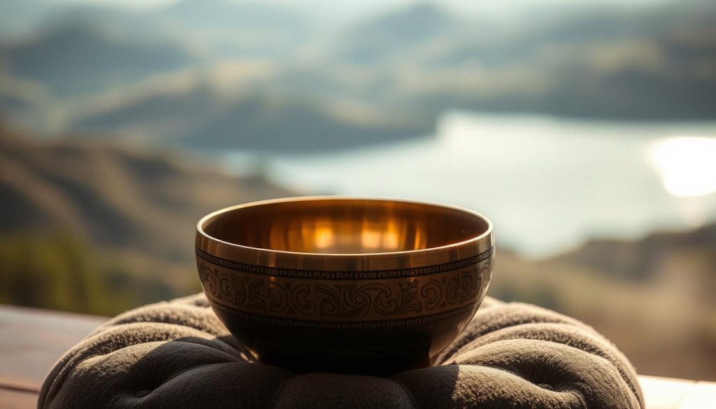 A serene Tibetan singing bowl resting on a plush, charcoal-gray cushion, bathed in warm, diffused lighting. The bowl's intricate surface patterns and gentle metallic sheen capture the soothing energy of its resonant tones. In the background, a blurred, ethereal landscape of rolling hills and a tranquil lake, evoking a sense of solace and inner harmony. The overall composition conveys the profound benefits of the Tibetan singing bowl for both physical and mental well-being, promoting relaxation, meditation, and spiritual rejuvenation. A serene Tibetan singing bowl resting on a plush, charcoal-gray cushion, bathed in warm, diffused lighting. The bowl's intricate surface patterns and gentle metallic sheen capture the soothing energy of its resonant tones. In the background, a blurred, ethereal landscape of rolling hills and a tranquil lake, evoking a sense of solace and inner harmony. The overall composition conveys the profound benefits of the Tibetan singing bowl for both physical and mental well-being, promoting relaxation, meditation, and spiritual rejuvenation.