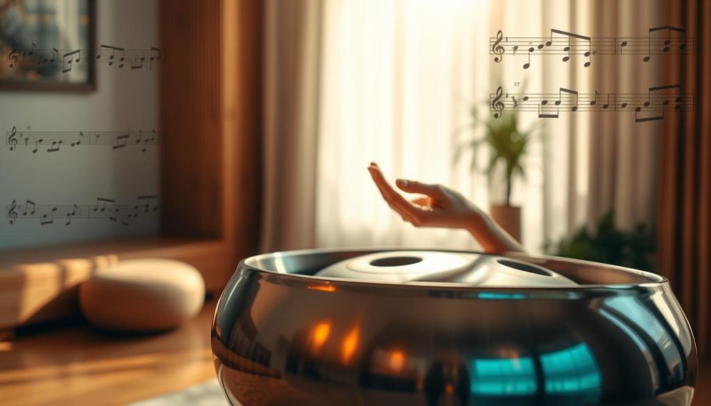 A serene indoor setting featuring a beautifully crafted handpan, placed prominently in the foreground. The handpan gleams with iridescent tones, showcasing its intricate surface and distinctive notes. In the middle ground, a pair of hands gracefully illustrate the technique of playing the instrument, with one hand poised to strike the drum's surface, while the other hovers in anticipation, embodying the choice between using hands or mallets. Soft, warm lighting casts gentle shadows, enhancing the wood grains of the surrounding decor and creating an inviting atmosphere. In the background, blurred musical notes and subtle imagery of beginner exercises fade softly, promoting a focus on learning and progression. The overall mood is calm and encouraging, highlighting a moment of musical exploration. A serene indoor setting featuring a beautifully crafted handpan, placed prominently in the foreground. The handpan gleams with iridescent tones, showcasing its intricate surface and distinctive notes. In the middle ground, a pair of hands gracefully illustrate the technique of playing the instrument, with one hand poised to strike the drum's surface, while the other hovers in anticipation, embodying the choice between using hands or mallets. Soft, warm lighting casts gentle shadows, enhancing the wood grains of the surrounding decor and creating an inviting atmosphere. In the background, blurred musical notes and subtle imagery of beginner exercises fade softly, promoting a focus on learning and progression. The overall mood is calm and encouraging, highlighting a moment of musical exploration.