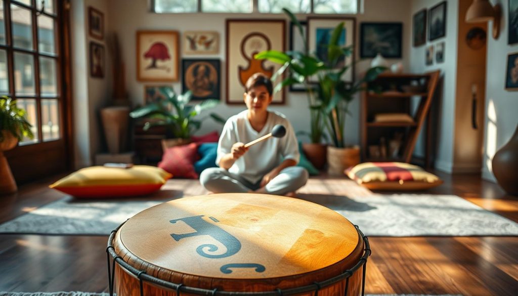 A serene indoor setting featuring a beautifully crafted tongue drum made of natural wood, displayed prominently in the foreground. The drum's vibrant tones are accentuated by soft, natural lighting filtering through a large window, casting gentle shadows on the polished surface. In the middle ground, a relaxed person in modest casual clothing sits cross-legged, focused intently on striking the drum with mallets, their expression one of concentration and calmness. Surrounding them, a lush indoor plant and colorful cushions create an inviting atmosphere. The background shows a cozy, softly lit space filled with art and musical elements, enhancing the mood of tranquility and relaxation. The overall ambiance is peaceful, capturing the essence of soothing music and the joy of learning. A serene indoor setting featuring a beautifully crafted tongue drum made of natural wood, displayed prominently in the foreground. The drum's vibrant tones are accentuated by soft, natural lighting filtering through a large window, casting gentle shadows on the polished surface. In the middle ground, a relaxed person in modest casual clothing sits cross-legged, focused intently on striking the drum with mallets, their expression one of concentration and calmness. Surrounding them, a lush indoor plant and colorful cushions create an inviting atmosphere. The background shows a cozy, softly lit space filled with art and musical elements, enhancing the mood of tranquility and relaxation. The overall ambiance is peaceful, capturing the essence of soothing music and the joy of learning.