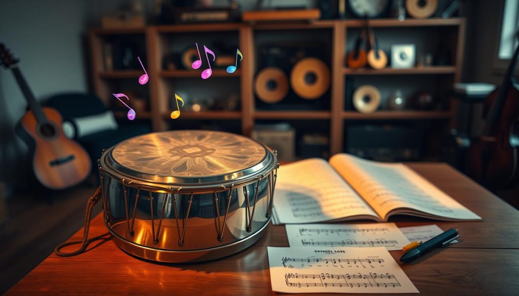 A serene indoor setting with a focus on a steel tongue drum, showcasing its unique design with vibrant, iridescent notes displayed above it, representing musical scales and harmonies. In the foreground, the drum is beautifully illuminated by warm, soft lighting, casting gentle shadows that enhance its metallic finish. The middle ground features sheet music and color-coded note charts spread out on a wooden table, inviting exploration of various musical gammas. In the background, blurred shelves filled with musical instruments create a cozy atmosphere. The overall mood is peaceful and inspiring, evoking creativity and the joy of music-making. Capture the scene from a slightly elevated angle to emphasize the drum and its surrounding elements, ensuring a visually engaging composition. A serene indoor setting with a focus on a steel tongue drum, showcasing its unique design with vibrant, iridescent notes displayed above it, representing musical scales and harmonies. In the foreground, the drum is beautifully illuminated by warm, soft lighting, casting gentle shadows that enhance its metallic finish. The middle ground features sheet music and color-coded note charts spread out on a wooden table, inviting exploration of various musical gammas. In the background, blurred shelves filled with musical instruments create a cozy atmosphere. The overall mood is peaceful and inspiring, evoking creativity and the joy of music-making. Capture the scene from a slightly elevated angle to emphasize the drum and its surrounding elements, ensuring a visually engaging composition.