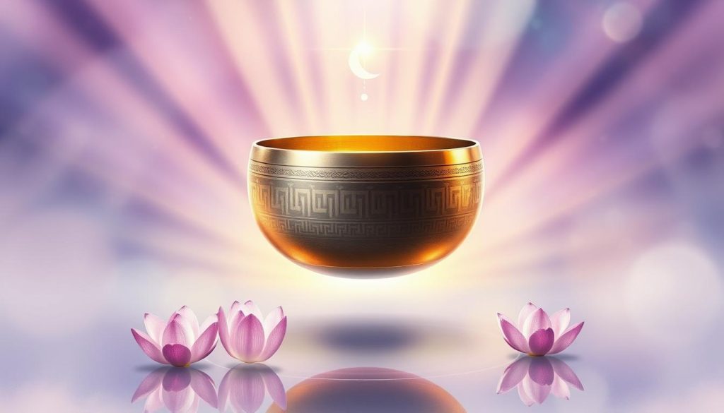A tranquil Tibetan singing bowl gently vibrates, its ethereal tones resonating with the seven chakras depicted in a soft, watercolor-like illustration. The bowl levitates, surrounded by delicate lotus flowers and swirling energy fields in shades of purple, blue, and gold. Beams of warm, diffused light illuminate the scene, creating an atmosphere of profound relaxation and spiritual harmony. The intricate details and blended colors evoke a sense of ancient wisdom and meditation, perfectly capturing the sacred nature of the Tibetan singing bowl and its connection to the body's energy centers. A tranquil Tibetan singing bowl gently vibrates, its ethereal tones resonating with the seven chakras depicted in a soft, watercolor-like illustration. The bowl levitates, surrounded by delicate lotus flowers and swirling energy fields in shades of purple, blue, and gold. Beams of warm, diffused light illuminate the scene, creating an atmosphere of profound relaxation and spiritual harmony. The intricate details and blended colors evoke a sense of ancient wisdom and meditation, perfectly capturing the sacred nature of the Tibetan singing bowl and its connection to the body's energy centers.