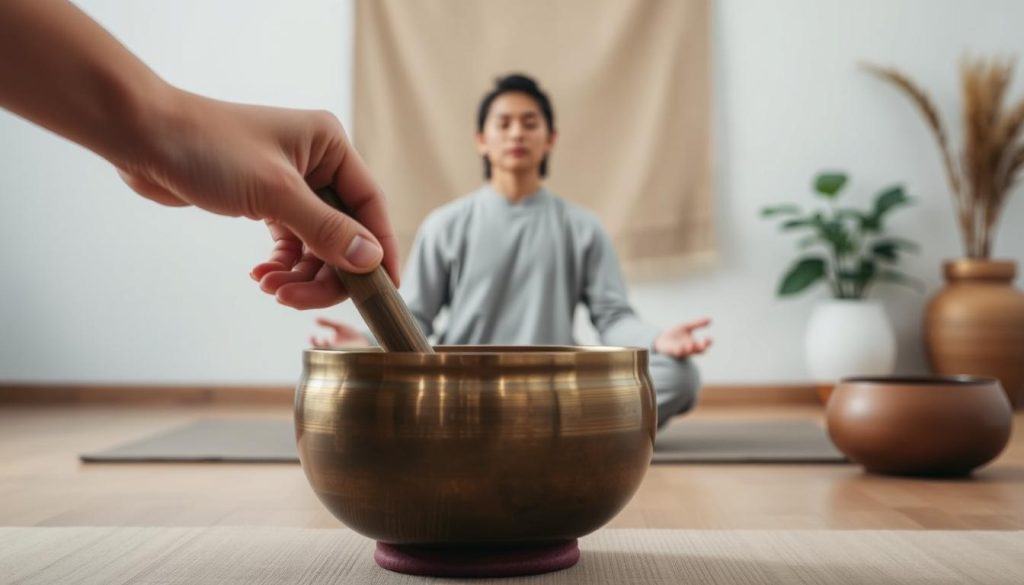 A tranquil meditation session unfolds, capturing the serene ritual of Tibetan bowl use. In the foreground, a skilled hand delicately strikes the bronze bowl, eliciting a warm, resonant tone that reverberates through the space. Midground, a person sits cross-legged, eyes closed, fully immersed in the meditative moment, their face bathed in the soft, diffused lighting. The background depicts a minimalist, zen-inspired setting - clean lines, muted tones, and natural elements like a potted plant or a simple tapestry, creating a calming, contemplative atmosphere. The image conveys a sense of profound inner peace and the transformative power of this ancient practice. A tranquil meditation session unfolds, capturing the serene ritual of Tibetan bowl use. In the foreground, a skilled hand delicately strikes the bronze bowl, eliciting a warm, resonant tone that reverberates through the space. Midground, a person sits cross-legged, eyes closed, fully immersed in the meditative moment, their face bathed in the soft, diffused lighting. The background depicts a minimalist, zen-inspired setting - clean lines, muted tones, and natural elements like a potted plant or a simple tapestry, creating a calming, contemplative atmosphere. The image conveys a sense of profound inner peace and the transformative power of this ancient practice.