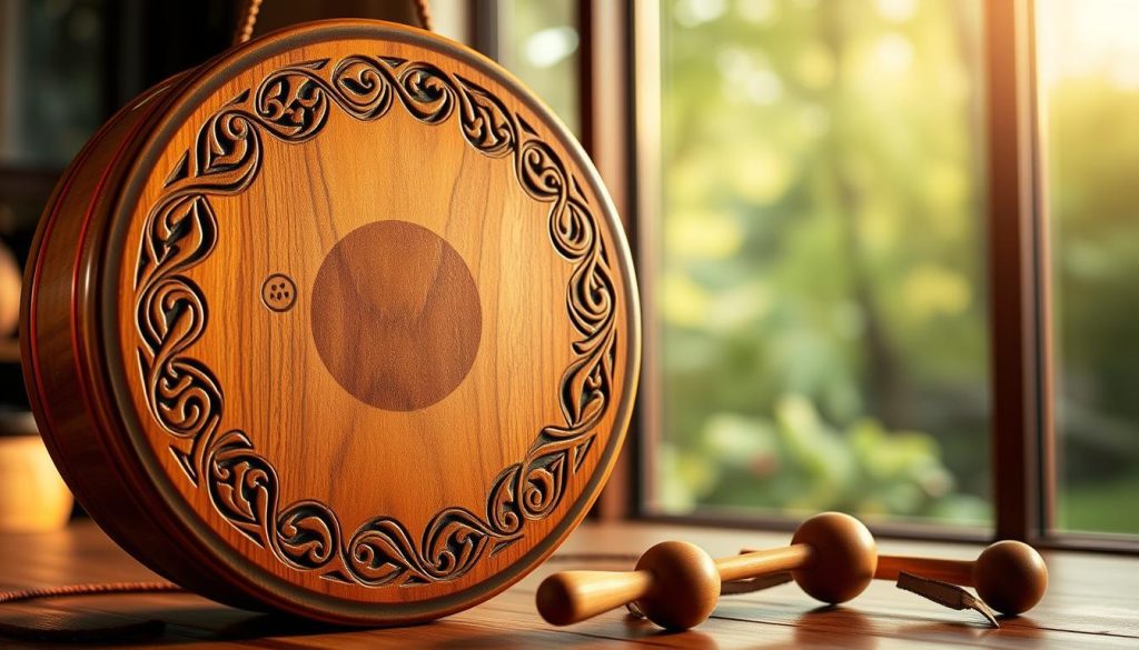 A beautifully crafted Dennis Havlena tongue drum, prominently displayed in the foreground. The drum features a rich, warm wood grain finish with distinct, intricate carvings forming its circular body, showcasing its artistic design. In the middle ground, a pair of mallets rests next to the drum, hinting at musical creativity and inviting engagement. The background features a softly blurred, natural setting such as a tranquil forest or a peaceful room, enhancing the calm and meditative atmosphere. The lighting is soft and warm, creating gentle highlights on the drum’s surface, evoking a sense of serenity and focus. The scene captures the essence of this unique instrument, emphasizing its beauty and musicality in an inviting environment. A beautifully crafted Dennis Havlena tongue drum, prominently displayed in the foreground. The drum features a rich, warm wood grain finish with distinct, intricate carvings forming its circular body, showcasing its artistic design. In the middle ground, a pair of mallets rests next to the drum, hinting at musical creativity and inviting engagement. The background features a softly blurred, natural setting such as a tranquil forest or a peaceful room, enhancing the calm and meditative atmosphere. The lighting is soft and warm, creating gentle highlights on the drum’s surface, evoking a sense of serenity and focus. The scene captures the essence of this unique instrument, emphasizing its beauty and musicality in an inviting environment.