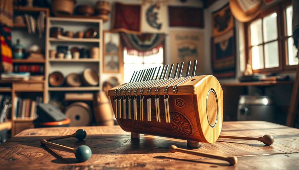 A beautifully crafted Tambiro Fellé Vega, resembling a tongue drum, takes center stage, capturing attention with its distinct metal tongues arranged in an artistic layout. The instrument gleams under warm, soft lighting, highlighting its handcrafted wooden body that features intricate carvings and natural tones. In the foreground, the Tambiro is placed on a rustic wooden table, surrounded by a few scattered small percussion mallets that invite interaction. The middle background showcases a cozy music studio, with shelves filled with various musical instruments, and colorful textiles adorning the walls, creating a vibrant atmosphere. Natural light streams through a nearby window, casting gentle shadows and lending a serene ambiance. The overall mood is warm and inviting, celebrating the rich history and evolution of this unique instrument. A beautifully crafted Tambiro Fellé Vega, resembling a tongue drum, takes center stage, capturing attention with its distinct metal tongues arranged in an artistic layout. The instrument gleams under warm, soft lighting, highlighting its handcrafted wooden body that features intricate carvings and natural tones. In the foreground, the Tambiro is placed on a rustic wooden table, surrounded by a few scattered small percussion mallets that invite interaction. The middle background showcases a cozy music studio, with shelves filled with various musical instruments, and colorful textiles adorning the walls, creating a vibrant atmosphere. Natural light streams through a nearby window, casting gentle shadows and lending a serene ambiance. The overall mood is warm and inviting, celebrating the rich history and evolution of this unique instrument.