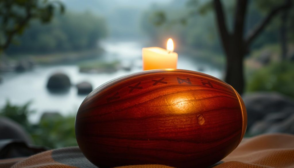 A beautifully crafted ancestral tongue drum made from rich, polished wood, resting in the foreground. The drum features intricate carvings and natural grains, highlighting its artisanal heritage. In the middle ground, a softly glowing candle flickers, casting warm light and gentle shadows, enhancing the intimate atmosphere. The background depicts a serene natural landscape, perhaps a lush forest or a tranquil river, suggesting the instrument's historical roots and connection to nature. The scene is illuminated with soft, diffused lighting, creating a warm and inviting mood. The perspective is slightly angled, reminiscent of artistic photography, inviting viewers to explore the intricate details of the drum and its surroundings. No people are present, ensuring focus remains on the instrument and its environment. A beautifully crafted ancestral tongue drum made from rich, polished wood, resting in the foreground. The drum features intricate carvings and natural grains, highlighting its artisanal heritage. In the middle ground, a softly glowing candle flickers, casting warm light and gentle shadows, enhancing the intimate atmosphere. The background depicts a serene natural landscape, perhaps a lush forest or a tranquil river, suggesting the instrument's historical roots and connection to nature. The scene is illuminated with soft, diffused lighting, creating a warm and inviting mood. The perspective is slightly angled, reminiscent of artistic photography, inviting viewers to explore the intricate details of the drum and its surroundings. No people are present, ensuring focus remains on the instrument and its environment.