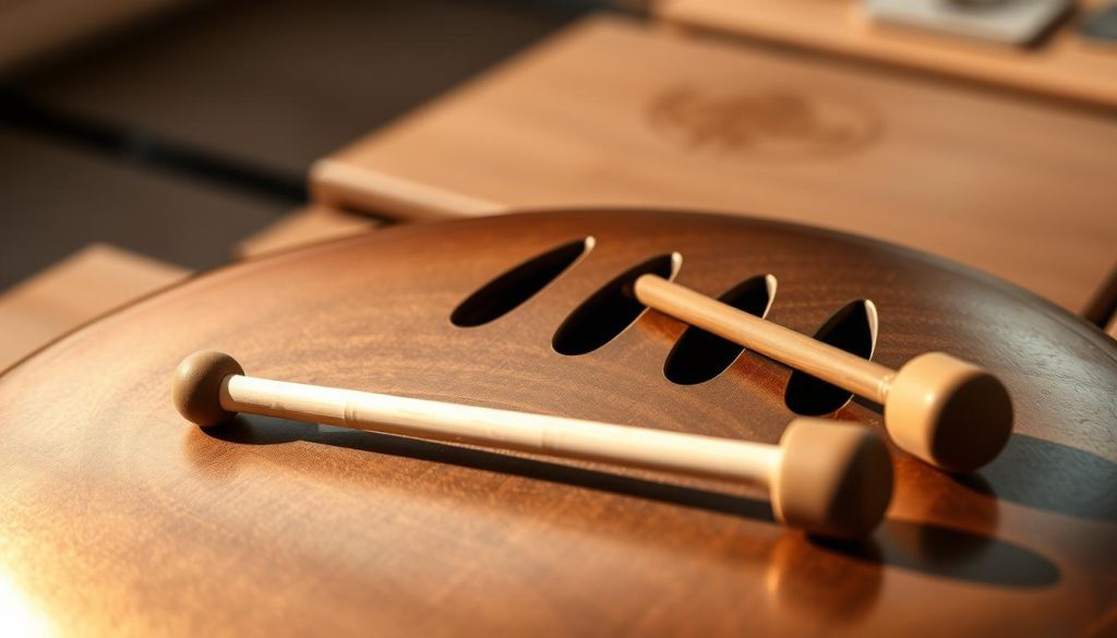 A close-up view of a beautifully crafted tongue drum, showcasing its distinctive curved slits and resonant surface. The drum is made of polished metal with a rich, warm patina, reflecting soft natural light. In the foreground, focus on the intricate design of the tongue drum, highlighting the artisanal craftsmanship and the glimmer of the metal. In the middle ground, place a pair of mallets made of bamboo and soft rubber, poised as if ready to play, suggesting movement. The background should feature a serene, blurred wooden surface that evokes a calming, earthy atmosphere. The overall mood is tranquil and inviting, perfect for illustrating the essence of this unique musical instrument. A close-up view of a beautifully crafted tongue drum, showcasing its distinctive curved slits and resonant surface. The drum is made of polished metal with a rich, warm patina, reflecting soft natural light. In the foreground, focus on the intricate design of the tongue drum, highlighting the artisanal craftsmanship and the glimmer of the metal. In the middle ground, place a pair of mallets made of bamboo and soft rubber, poised as if ready to play, suggesting movement. The background should feature a serene, blurred wooden surface that evokes a calming, earthy atmosphere. The overall mood is tranquil and inviting, perfect for illustrating the essence of this unique musical instrument.