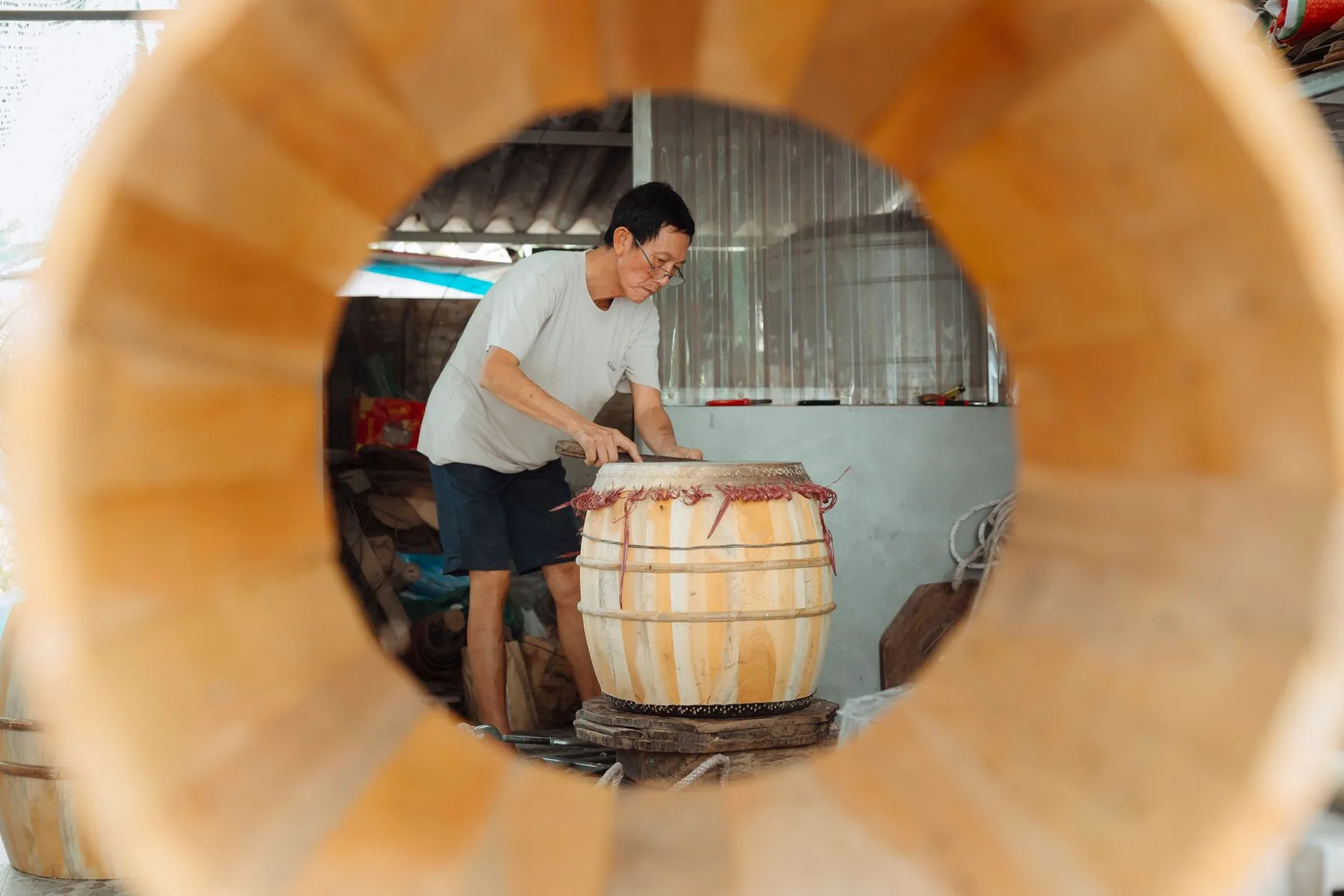Artisan wooden drum making