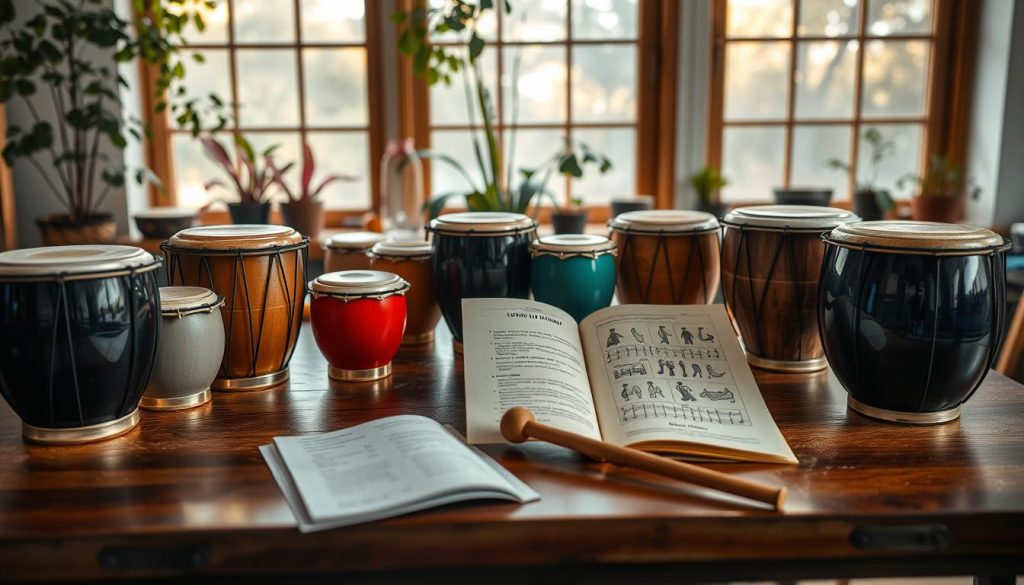 A beautifully arranged scene showcasing an assortment of tongue drums in a serene workshop environment. In the foreground, several handcrafted tongue drums of varying colors and sizes are placed on a polished wooden table, their glossed finishes reflecting soft natural light. In the middle ground, an open book lies next to the drums, displaying illustrated notes and learning tips, while a pair of mallets rests beside it. In the background, warm light pours in through a large window adorned with leafy plants, creating an inviting atmosphere. The entire scene is illuminated with gentle, diffused lighting, evoking a calm and inspiring mood suitable for learning and creativity. The focus is on the rich textures and vibrant colors of the drums, inviting viewers into the world of sound exploration. A beautifully arranged scene showcasing an assortment of tongue drums in a serene workshop environment. In the foreground, several handcrafted tongue drums of varying colors and sizes are placed on a polished wooden table, their glossed finishes reflecting soft natural light. In the middle ground, an open book lies next to the drums, displaying illustrated notes and learning tips, while a pair of mallets rests beside it. In the background, warm light pours in through a large window adorned with leafy plants, creating an inviting atmosphere. The entire scene is illuminated with gentle, diffused lighting, evoking a calm and inspiring mood suitable for learning and creativity. The focus is on the rich textures and vibrant colors of the drums, inviting viewers into the world of sound exploration.