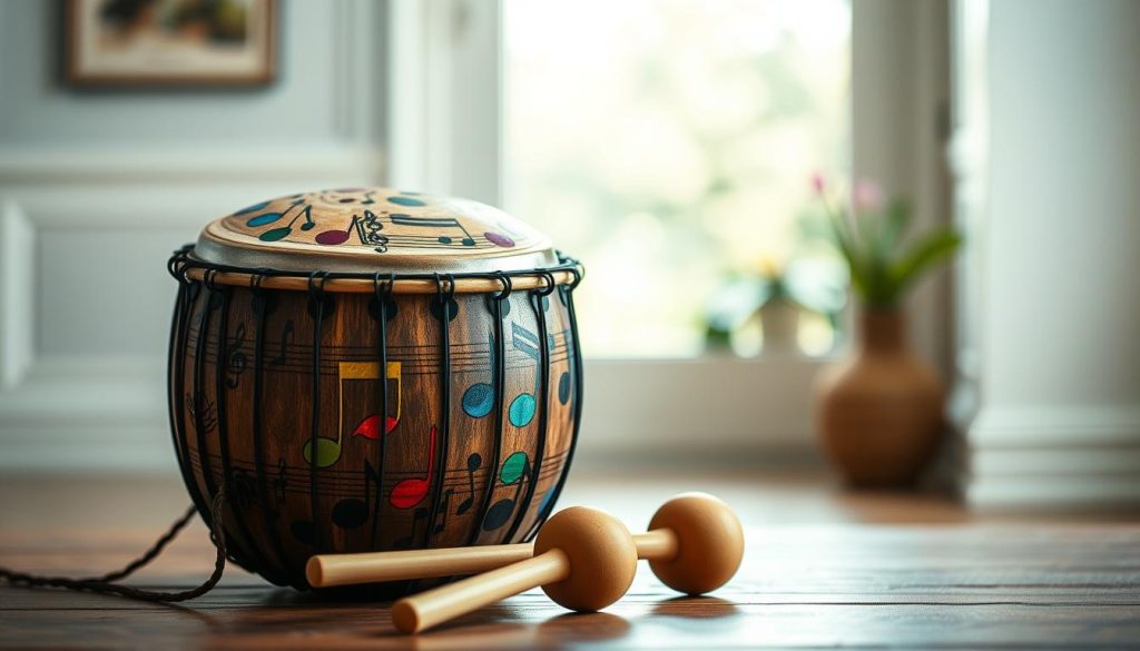 A beautifully crafted notation tongue drum, featuring a variety of vibrant, hand-painted notes on its surface. In the foreground, the drum is prominently displayed, showcasing its intricacies and unique colors, such as deep blues, rich reds, and earthy greens. Surrounding the drum are a pair of mallets resting beside it, inviting the viewer to imagine striking the surface. In the middle ground, a softly blurred background shows a tranquil indoor setting, perhaps with natural light pouring in through a window, creating a warm and inviting atmosphere. The lighting is soft and diffuse, enhancing the drum's colors and details. The overall mood evokes serenity and creativity, perfect for learning and exploration of musical notation without the constraints of formal theory. A beautifully crafted notation tongue drum, featuring a variety of vibrant, hand-painted notes on its surface. In the foreground, the drum is prominently displayed, showcasing its intricacies and unique colors, such as deep blues, rich reds, and earthy greens. Surrounding the drum are a pair of mallets resting beside it, inviting the viewer to imagine striking the surface. In the middle ground, a softly blurred background shows a tranquil indoor setting, perhaps with natural light pouring in through a window, creating a warm and inviting atmosphere. The lighting is soft and diffuse, enhancing the drum's colors and details. The overall mood evokes serenity and creativity, perfect for learning and exploration of musical notation without the constraints of formal theory.
