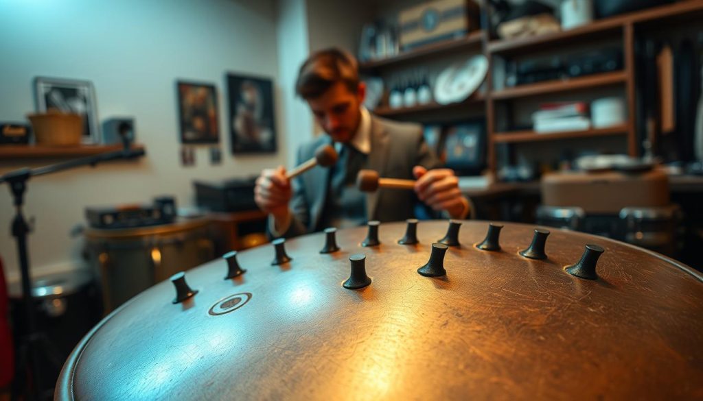 A beautifully crafted tongue drum displayed prominently in the foreground, showcasing smooth, polished metal surface with a rich patina. The drum features an array of distinct, resonant notes, each represented by artistic notches carved into its surface. In the middle ground, a skilled musician, dressed in a smart casual outfit, focuses intently on the instrument, holding mallets with precision. Soft, ambient lighting creates a warm, inviting atmosphere, enhancing the tactile details of the drum and the concentration of the musician. In the background, a cozy music studio is visible, with shelves of musical tools and a tranquil ambiance, depicting an environment conducive to tuning and fine-tuning instruments. The overall mood conveys a sense of creativity and attention to detail, emphasizing the importance of tuning the tongue drum.