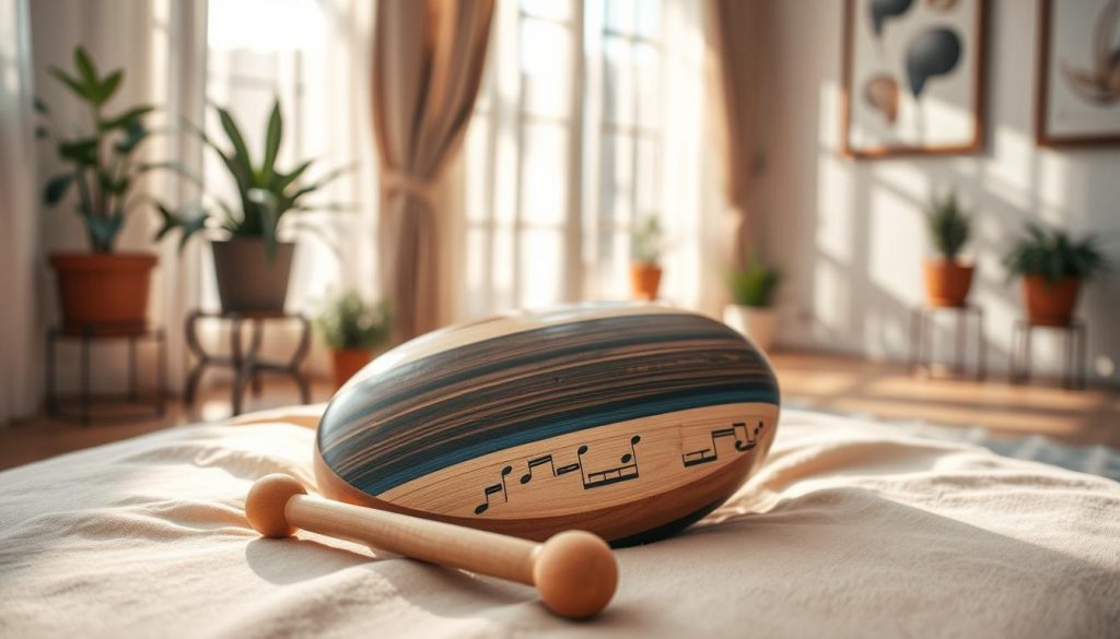 A beautifully crafted tongue drum resting on a soft, natural wooden surface in a cozy, well-lit room. The drum features hand-tuned notes etched into its surface, showcasing a harmonious combination of deep blues and rich browns. In the foreground, a pair of mallets lies beside the drum, invitingly positioned as if waiting to be picked up. In the middle ground, sunbeams filter through sheer curtains, casting gentle shadows and highlighting the intricate craftsmanship of the instrument. The background features glimpses of potted plants and serene artwork on the walls, creating a peaceful and inspiring atmosphere. The overall mood is tranquil and inviting, perfect for learning and creativity. Soft, natural lighting enhances the tactile details, while a slightly angled shot allows for depth and perspective. A beautifully crafted tongue drum resting on a soft, natural wooden surface in a cozy, well-lit room. The drum features hand-tuned notes etched into its surface, showcasing a harmonious combination of deep blues and rich browns. In the foreground, a pair of mallets lies beside the drum, invitingly positioned as if waiting to be picked up. In the middle ground, sunbeams filter through sheer curtains, casting gentle shadows and highlighting the intricate craftsmanship of the instrument. The background features glimpses of potted plants and serene artwork on the walls, creating a peaceful and inspiring atmosphere. The overall mood is tranquil and inviting, perfect for learning and creativity. Soft, natural lighting enhances the tactile details, while a slightly angled shot allows for depth and perspective.