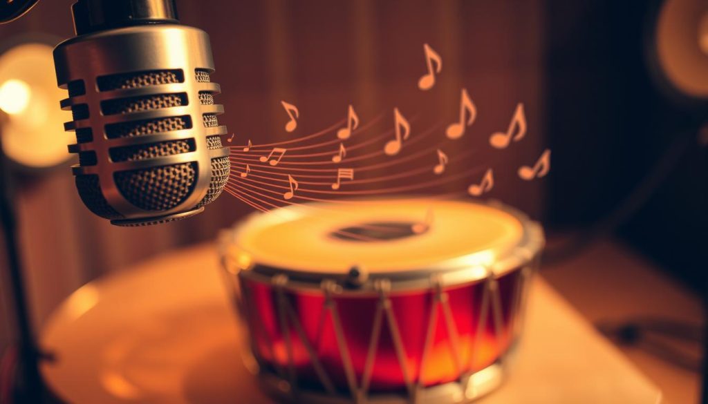 A close-up of a high-quality microphone positioned above a tongue drum, capturing the delicate textures of its surface and the intricate craftsmanship of the instrument. In the foreground, focus on the microphone capturing the sound waves, with strands of music notes visualized creatively emanating from the drum, emphasizing the role of sound amplification. In the middle ground, the tongue drum should be showcased with vibrant colors, highlighting its metal finish reflecting warm ambient light. The background should be softly blurred, suggesting a cozy, intimate setting, perhaps with subtle shadows of a recording studio. The lighting is warm and inviting, creating a professional yet artistic atmosphere, evoking a sense of sound exploration and creativity. A close-up of a high-quality microphone positioned above a tongue drum, capturing the delicate textures of its surface and the intricate craftsmanship of the instrument. In the foreground, focus on the microphone capturing the sound waves, with strands of music notes visualized creatively emanating from the drum, emphasizing the role of sound amplification. In the middle ground, the tongue drum should be showcased with vibrant colors, highlighting its metal finish reflecting warm ambient light. The background should be softly blurred, suggesting a cozy, intimate setting, perhaps with subtle shadows of a recording studio. The lighting is warm and inviting, creating a professional yet artistic atmosphere, evoking a sense of sound exploration and creativity.