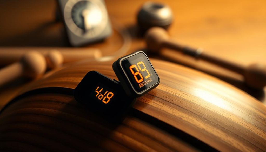A close-up of an electronic clip tuner specifically designed for tuning a tongue drum. The tuner, sleek and modern, features a bright, colorful digital display showing pitch information. Set against a wooden surface that resembles the body of a tongue drum, the tuner is pinned on the edge of the drum. Soft ambient lighting creates a warm mood, highlighting both the tuner and the drum's intricate details. In the background, slightly blurred, there are a few other musical accessories like drum mallets and a metronome, which complement the scene while keeping the focus on the tuner. The overall atmosphere is one of calm and creativity, inviting musicians to explore the world of rhythm and sound. A close-up of an electronic clip tuner specifically designed for tuning a tongue drum. The tuner, sleek and modern, features a bright, colorful digital display showing pitch information. Set against a wooden surface that resembles the body of a tongue drum, the tuner is pinned on the edge of the drum. Soft ambient lighting creates a warm mood, highlighting both the tuner and the drum's intricate details. In the background, slightly blurred, there are a few other musical accessories like drum mallets and a metronome, which complement the scene while keeping the focus on the tuner. The overall atmosphere is one of calm and creativity, inviting musicians to explore the world of rhythm and sound.