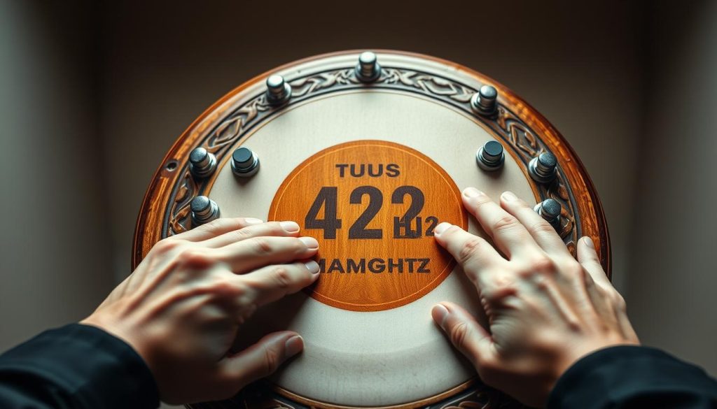 A close-up view of a beautifully crafted tongue drum, centered within the composition. The drum is made of rich, polished wood with intricate carvings, resonating in a harmonious 432 Hz tuning. Surrounding the drum are several neodymium magnets, positioned carefully at various locations to illustrate the tuning adjustment process. The background features soft, diffused lighting that creates an inviting atmosphere, enhancing the drum's warm tones. In the foreground, delicate hands of a person in professional attire are gently adjusting the magnets, showcasing a meticulous tuning method. The image captures a sense of calm and focused creativity, emphasizing the art of achieving perfect resonance through this reversible tuning technique.