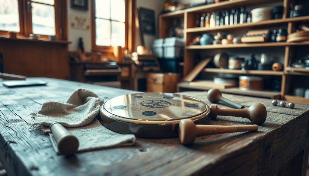 A close-up view of a tongue drum on a rustic wooden workbench, surrounded by essential tools for tuning: a soft cloth, a tuning hammer, and a pitch pipe. The scene captures a well-lit workshop atmosphere, with natural sunlight streaming through a window, casting soft shadows. In the background, we see organized shelves with various musical tools, emphasizing cleanliness and preparation. The tongue drum gleams, reflecting its polished surface, while the workbench is spotless, conveying a sense of care and attention to detail. The mood is focused and serene, inviting the viewer to appreciate the artistry of instrument preparation.