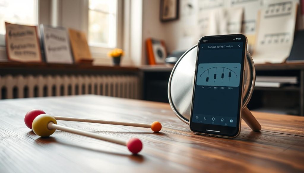 A close-up view of a tongue drum positioned on a wooden table, with a tuning app displayed on a smartphone beside it, indicating frequency measurements. The foreground features colorful mallets resting near the drum. In the middle ground, soft natural light streams through a window, casting gentle reflections on the drum's metallic surface. The background is softly blurred, showcasing a serene room with musical notations and tuning tools neatly arranged. The atmosphere conveys a sense of calm and focus, ideal for measuring musical notes. Capture the intricate details of the tongue drum’s design and the smartphone screen, emphasizing clarity and precision in a cohesive, inviting setting.