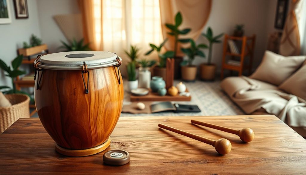 A serene and inviting workspace featuring a tongue drum tuned to 432 Hz, placed prominently in the foreground. The drum, crafted from warm wood with intricate carvings, reflects soft, natural light. Surrounding the drum are tuning tools like a tuner and mallets, carefully arranged on a rustic wooden table. In the middle ground, a neatly organized area with plants and calming decor creates a harmonious atmosphere. Soft, diffused lighting enhances the warmth and tranquility of the scene, suggesting a peaceful preparation ritual. In the background, a cozy room with gentle earth tones and natural elements, like stone or fabric, adds depth. The overall mood is one of mindfulness and preparation, inviting the viewer into a focused and meditative space for tuning the instrument.