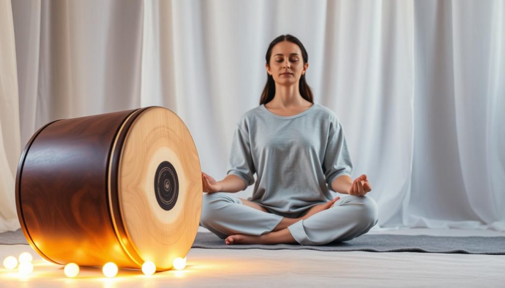 A serene, calming scene focusing on a tongue drum tuned to 432 Hz, positioned in the foreground. The tongue drum, crafted from beautiful wood with intricate patterns, emits gentle, soothing vibrations. Surrounding the drum, soft, ambient light creates a warm glow, enhancing the sense of relaxation. In the middle ground, a person dressed in modest casual clothing sits cross-legged, eyes closed, deeply immersed in meditation with a peaceful expression, embodying a connection between body and mind. The background features soft, flowing drapes and gentle colors like light blues and greens, creating a harmonious atmosphere. The overall mood is tranquil and introspective, inviting viewers to reflect on their own relaxation and well-being.