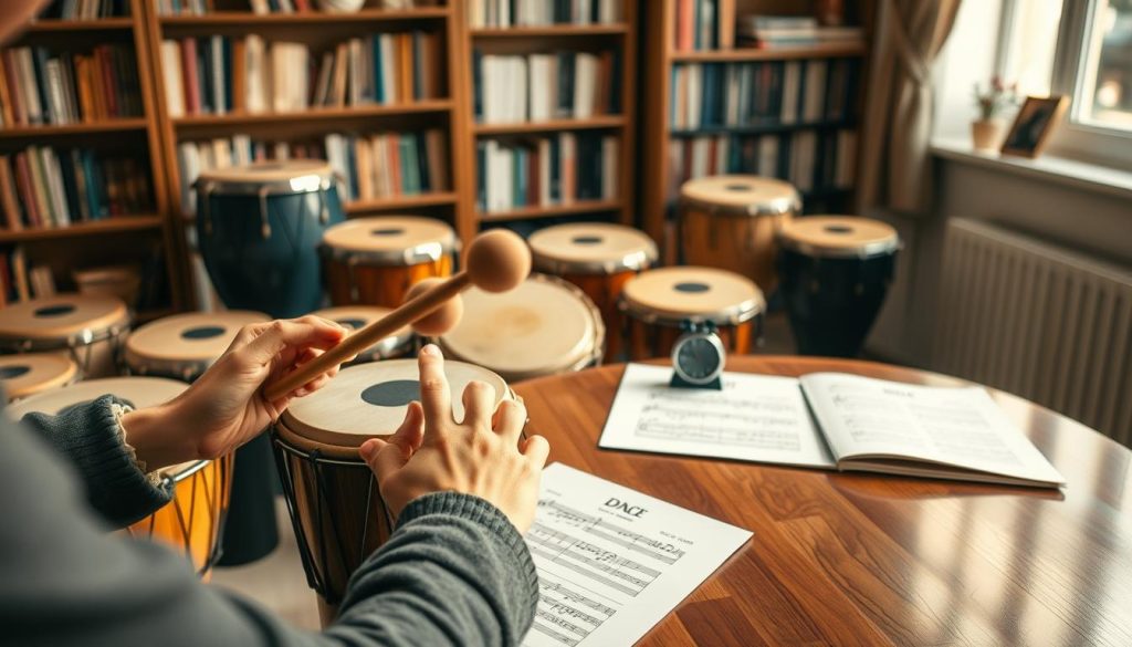 A serene indoor setting featuring a collection of beautifully crafted tongue drums in various sizes and colors. In the foreground, a pair of hands skillfully demonstrate a simple exercise on one of the drums, with mallets poised mid-strike. The middle ground showcases a polished wooden table adorned with sheet music and a small metronome, emphasizing an atmosphere of focused practice. Soft, warm lighting filters through a nearby window, casting gentle shadows and highlighting the rich textures of the drums. The background reveals a bookshelf filled with music books, creating a peaceful learning environment. The mood is encouraging and inspiring, inviting viewers to engage with the art of tongue drum playing. A serene indoor setting featuring a collection of beautifully crafted tongue drums in various sizes and colors. In the foreground, a pair of hands skillfully demonstrate a simple exercise on one of the drums, with mallets poised mid-strike. The middle ground showcases a polished wooden table adorned with sheet music and a small metronome, emphasizing an atmosphere of focused practice. Soft, warm lighting filters through a nearby window, casting gentle shadows and highlighting the rich textures of the drums. The background reveals a bookshelf filled with music books, creating a peaceful learning environment. The mood is encouraging and inspiring, inviting viewers to engage with the art of tongue drum playing.