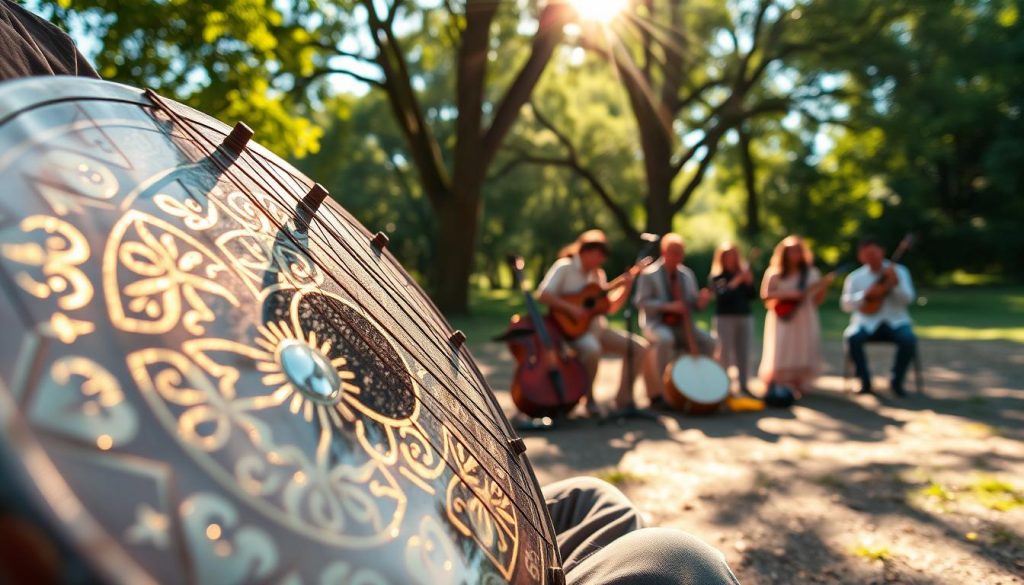 A serene scene depicting a solo musician playing a tongue drum tuned to 432 Hz in an outdoor setting, surrounded by nature. In the foreground, a close-up of the tongue drum with intricate designs glimmering in the sunlight. The middle ground reveals the musician, dressed in modest casual clothing, deeply focused on their craft, creating harmonious sounds. In the background, gently blurred, a small group of musicians with standard tuned instruments at 440 Hz vibe in sync, illustrating the compatibility between the different tuning systems. Soft, warm sunlight filters through the trees, casting dappled shadows on the ground, evoking a peaceful atmosphere of musical harmony and connection.
