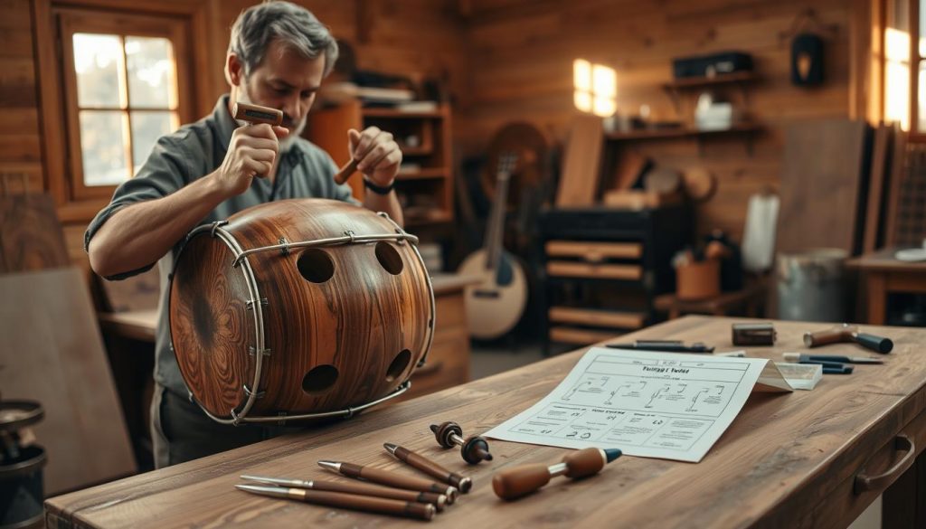 A serene workshop scene showcasing a tongue drum being tuned. In the foreground, a skilled artisan, dressed in modest casual clothing, is adjusting the notes on the drum with precision tools like tuning mallets and a tuner device. The drum, beautifully crafted from wood with visible sound holes and intricate designs, is the focal point. In the middle ground, various tuning tools are neatly arranged on a wooden workbench, alongside a detailed instruction sheet on tuning methods. The background features warm, ambient lighting, softly illuminating the space, highlighting wood textures and creating a calm atmosphere. Natural light filters through a window, casting gentle shadows and enhancing the workshop's inviting feel.