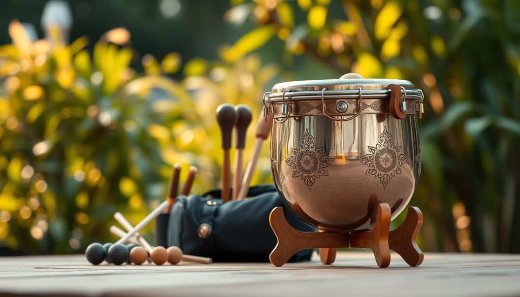 A beautifully crafted Zenko tongue drum made of polished metal, prominently displayed in the foreground. The drum features intricate designs and is positioned on a stylish wooden support stand, showcasing its design and functionality. In the middle ground, various accessories such as mallets and a protective bag are elegantly arranged, hinting at the versatility of the instrument. The background is softly blurred, featuring natural greenery that adds a serene atmosphere, illuminated by warm, soft lighting to enhance the metallic sheen of the drum. The angle is slightly elevated, capturing both the drum and its features while creating a sense of inviting warmth and artistry. The image conveys a peaceful and artistic mood, perfect for showcasing the instrument and its accessories.