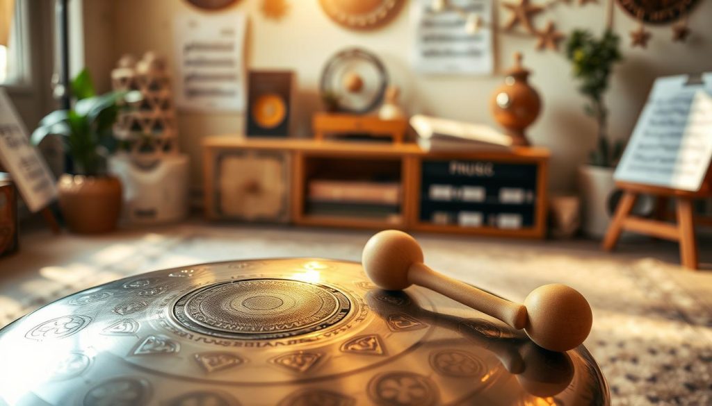 A beautifully crafted steel tongue drum, glimmering under soft, warm natural light, positioned in the foreground. The drum features intricate patterns and a polished metallic surface with resonant notes faintly emanating from it. In the middle ground, a pair of wooden mallets rests nearby, inviting interaction while the soft wood grain contrasts with the drum’s sleek metal. The background is softly blurred, showcasing a cozy practice space adorned with sheet music and calming decor, promoting a tranquil atmosphere ideal for learning and exploration. The image captures the essence of creativity and tranquility, reflecting the foundational aspects of playing the steel tongue drum in a serene, engaging environment.