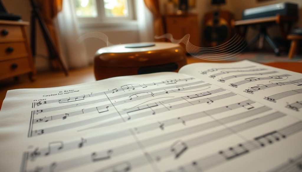 A close-up view of a beautifully arranged musical sheet, featuring a tongue drum score in Ré majeur with clear, numbered notation. The foreground showcases the sheet, with intricate notes and markings that illustrate easy pieces and transitions, emphasizing the elegance of the notation. In the middle, a polished wooden tongue drum sits partially in view, with its distinct, soothing tones evoked through soft soundwaves visually represented in the air around it. The background displays a warm, inviting music studio ambiance, illuminated by soft, natural light filtering through a window, casting gentle shadows. The overall atmosphere is serene and inspiring, capturing the essence of learning and creating music with the tongue drum.