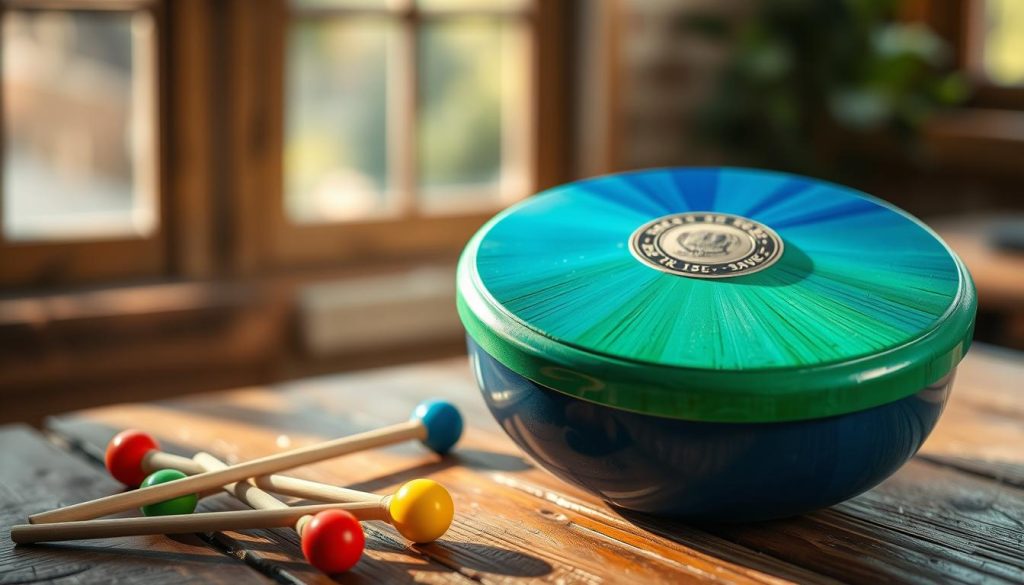 A close-up view of a beautifully crafted tongue drum in D major, featuring vibrant blue and green hues. The drum is placed on a rustic wooden table, surrounded by colorful mallets that are slightly scattered nearby. In the background, soft bokeh lighting creates a warm and inviting atmosphere, with gentle rays of sunlight streaming through a window, highlighting the texture of the drum’s surface. The scene suggests tranquility and creativity, perfect for illustrating easy pieces and transitions in music. The angle is slightly tilted to emphasize the drum’s unique shape and intricate designs, capturing the essence of peaceful music-making.