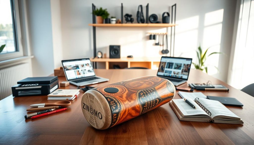 A harmonious, modern workspace featuring a Zenko tongue drum displayed elegantly on a sleek wooden table. In the foreground, focus on the drum, showcasing its beautifully crafted surface with rich textures and vibrant colors. Scattered around are neatly arranged items representing stock, delivery, payment, and reviews, such as packaging materials, a laptop displaying e-commerce pages, and a notebook with organized notes on customer feedback. The middle ground captures a serene environment with soft, natural lighting filtering through a window, creating a warm atmosphere. In the background, a minimalist shelf displays musical accessories related to the drum, enhancing the artistic theme. Capture the scene from a slight angle, making it inviting and professional, conveying a sense of trust and quality in purchasing this unique musical instrument.
