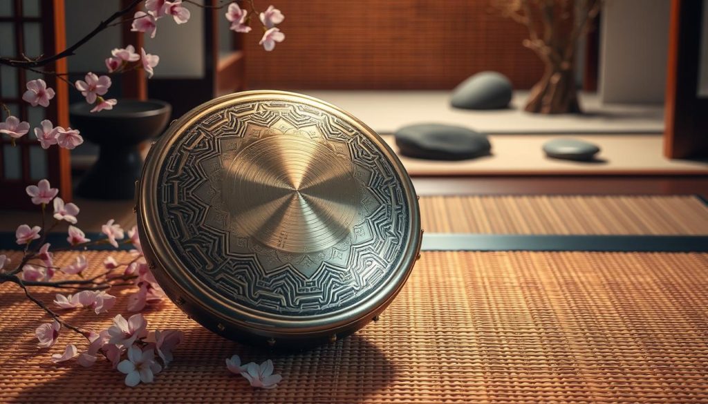 A serene Zenko tongue drum is positioned prominently in the foreground, showcasing its intricate resonating surface and metallic hues that shimmer in the soft, warm light. Surrounding the drum are delicate cherry blossom petals, subtly hinting at the Akebono scale. In the middle ground, a well-crafted bamboo mat serves as a cultural backdrop, with hints of traditional Japanese décor providing a sense of authenticity. The background features a calming Zen garden, complete with raked sand and smooth stones, evoking tranquility and balance. The lighting is soft and diffused, highlighting the natural textures and warm colors, while an inviting atmosphere enhances the viewer's connection to the musical experience. The composition invites contemplation and appreciation for the harmonious sounds of the Akebono scale.