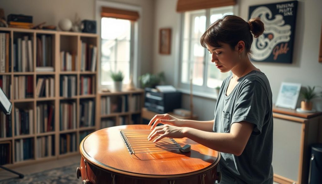 A serene, focused musician playing a tongue drum in D major in a cozy practice room. In the foreground, the musician, dressed in modest casual clothing, is deeply immersed in their practice, their hands gracefully moving over the instrument. The middle ground features a beautifully crafted tongue drum, with vibrant, polished surfaces reflecting soft light. The background includes shelves filled with music books and a calming window that lets in warm, natural sunlight. The atmosphere is tranquil and encouraging, highlighting the importance of regular practice. Soft shadows and gentle lighting create a peaceful ambiance, inviting the viewer into a world of dedicated musical growth.