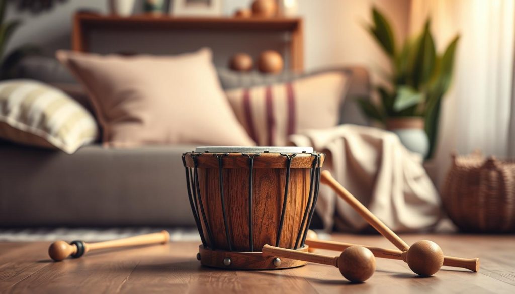 A beautifully arranged mini tongue drum in the foreground, showcasing its intricate design and multiple sound tubes in a polished wooden finish. Soft, warm lighting highlights the textures of the drum, casting gentle shadows that add depth. In the middle ground, several high-quality drum mallets are displayed, emphasizing their unique materials such as rubber and wood. In the background, a serene setting with a hint of a cozy room, featuring soft cushions and plants, creates an inviting atmosphere. The overall mood is calm and focused, ideal for showcasing important selection criteria. The perspective is slightly angled to provide a dynamic view, making the drum the centerpiece while maintaining clarity of the surrounding elements. A beautifully arranged mini tongue drum in the foreground, showcasing its intricate design and multiple sound tubes in a polished wooden finish. Soft, warm lighting highlights the textures of the drum, casting gentle shadows that add depth. In the middle ground, several high-quality drum mallets are displayed, emphasizing their unique materials such as rubber and wood. In the background, a serene setting with a hint of a cozy room, featuring soft cushions and plants, creates an inviting atmosphere. The overall mood is calm and focused, ideal for showcasing important selection criteria. The perspective is slightly angled to provide a dynamic view, making the drum the centerpiece while maintaining clarity of the surrounding elements.