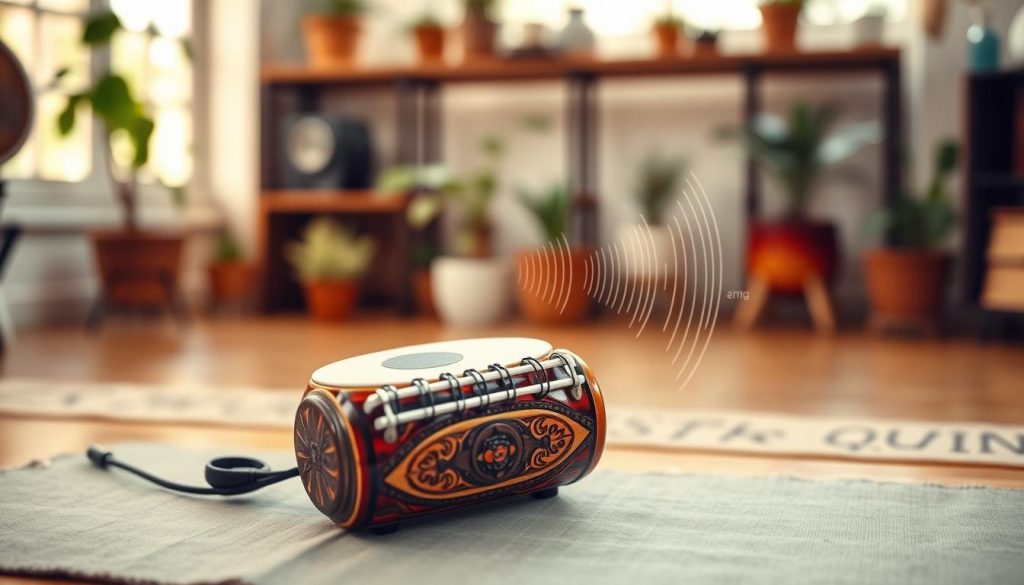 A beautifully arranged mini tongue drum set against a serene backdrop, showcasing a variety of tones and scales. The foreground features a polished tongue drum with intricate carvings, its vibrant colors contrasting with the natural wood tones. In the middle ground, subtle acoustic waves emanate from the drum, visually representing sound frequencies and tonalities. The background is softly blurred, highlighting a tranquil practice space filled with plants and warm lighting, creating a peaceful and inviting atmosphere. The image is captured with a soft focus lens, emphasizing the warmth and richness of the sound. The overall mood conveys creativity, introspection, and a passion for musical exploration, inviting viewers to engage with the concept of sound and harmony. A beautifully arranged mini tongue drum set against a serene backdrop, showcasing a variety of tones and scales. The foreground features a polished tongue drum with intricate carvings, its vibrant colors contrasting with the natural wood tones. In the middle ground, subtle acoustic waves emanate from the drum, visually representing sound frequencies and tonalities. The background is softly blurred, highlighting a tranquil practice space filled with plants and warm lighting, creating a peaceful and inviting atmosphere. The image is captured with a soft focus lens, emphasizing the warmth and richness of the sound. The overall mood conveys creativity, introspection, and a passion for musical exploration, inviting viewers to engage with the concept of sound and harmony.