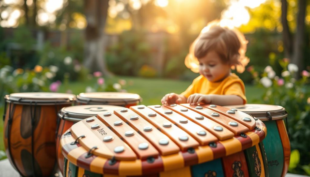 A beautifully arranged tongue drum set against a serene backdrop, featuring drums in various shapes and sizes to illustrate different tonalities like Do majeur and Ré majeur. In the foreground, a colorful wooden tongue drum glimmers under soft, natural light, its metallic tongues shining with intricate carvings. In the middle ground, a child aged three years, dressed in a bright, comfortable outfit, is attentively exploring the drum, showcasing a sense of curiosity and joy. The background has a soft, blurred garden scene, filled with soft greens and warm sunlight filtering through trees, evoking a peaceful and inviting atmosphere. The overall composition radiates warmth and encourages musical exploration while maintaining a calm and focused mood. A beautifully arranged tongue drum set against a serene backdrop, featuring drums in various shapes and sizes to illustrate different tonalities like Do majeur and Ré majeur. In the foreground, a colorful wooden tongue drum glimmers under soft, natural light, its metallic tongues shining with intricate carvings. In the middle ground, a child aged three years, dressed in a bright, comfortable outfit, is attentively exploring the drum, showcasing a sense of curiosity and joy. The background has a soft, blurred garden scene, filled with soft greens and warm sunlight filtering through trees, evoking a peaceful and inviting atmosphere. The overall composition radiates warmth and encourages musical exploration while maintaining a calm and focused mood.